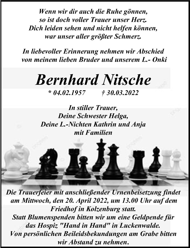  Traueranzeige für Bernhard Nitsche vom 02.04.2022 aus Märkischen Allgemeine Zeitung