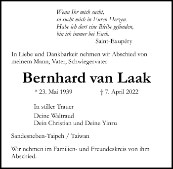 Traueranzeige von Bernhard van Laak von Lübecker Nachrichten