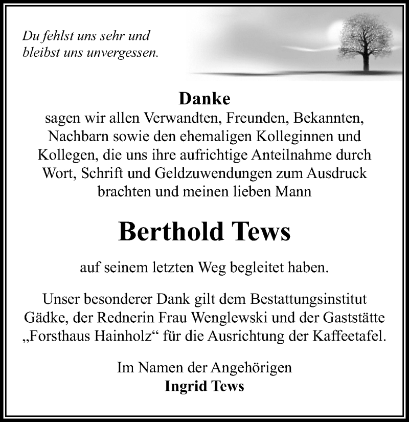 Traueranzeige für Berthold Tews vom 23.04.2022 aus Märkischen Allgemeine Zeitung