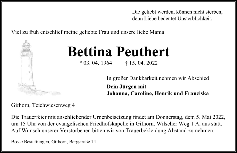  Traueranzeige für Bettina Peuthert vom 30.04.2022 aus Aller Zeitung