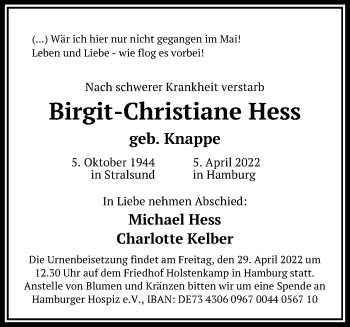 Traueranzeige von Birgit-Christiane Hess von Ostsee-Zeitung GmbH