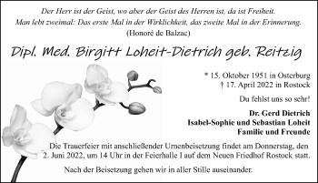 Traueranzeige von Birgitt Loheit-Dietrich von Ostsee-Zeitung GmbH