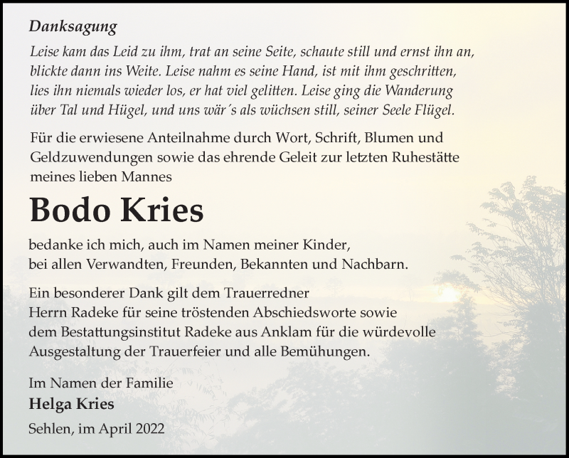  Traueranzeige für Bodo Kries vom 09.04.2022 aus Ostsee-Zeitung GmbH