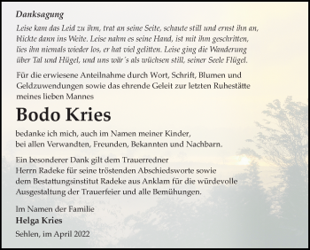 Traueranzeige von Bodo Kries von Ostsee-Zeitung GmbH