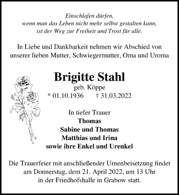 Traueranzeige von Brigitte Stahl von Märkischen Allgemeine Zeitung