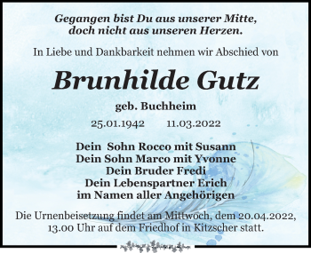 Traueranzeige von Brunhilde Gutz von Leipziger Volkszeitung