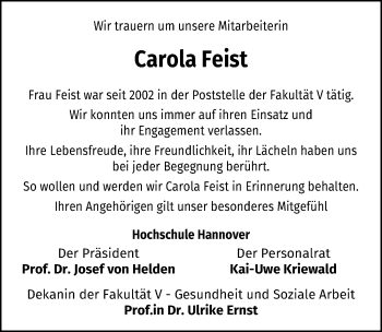 Traueranzeige von Carola Feist von Hannoversche Allgemeine Zeitung/Neue Presse