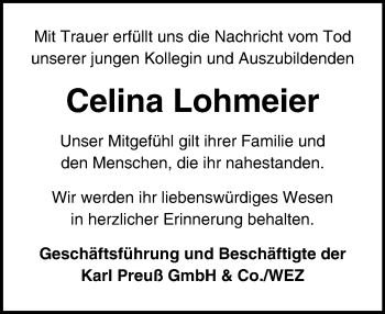 Traueranzeige von Celina Lohmeier von Schaumburger Nachrichten