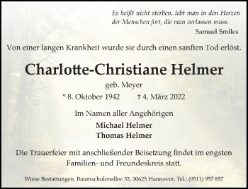 Traueranzeige von Charlotte-Christiane Helmer von Hannoversche Allgemeine Zeitung/Neue Presse