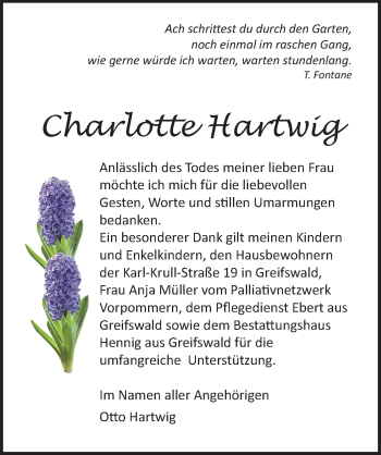 Traueranzeige von Charlotte Hartwig von Ostsee-Zeitung GmbH
