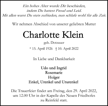 Traueranzeige von Charlotte Klein von Lübecker Nachrichten