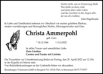 Traueranzeige von Christa Ammerpohl von Hannoversche Allgemeine Zeitung/Neue Presse
