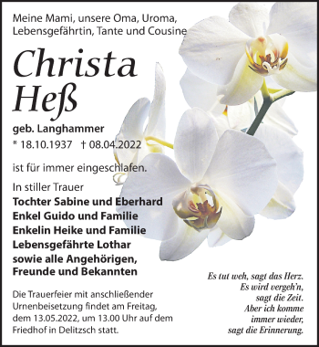 Traueranzeige von Christa Heß von Leipziger Volkszeitung