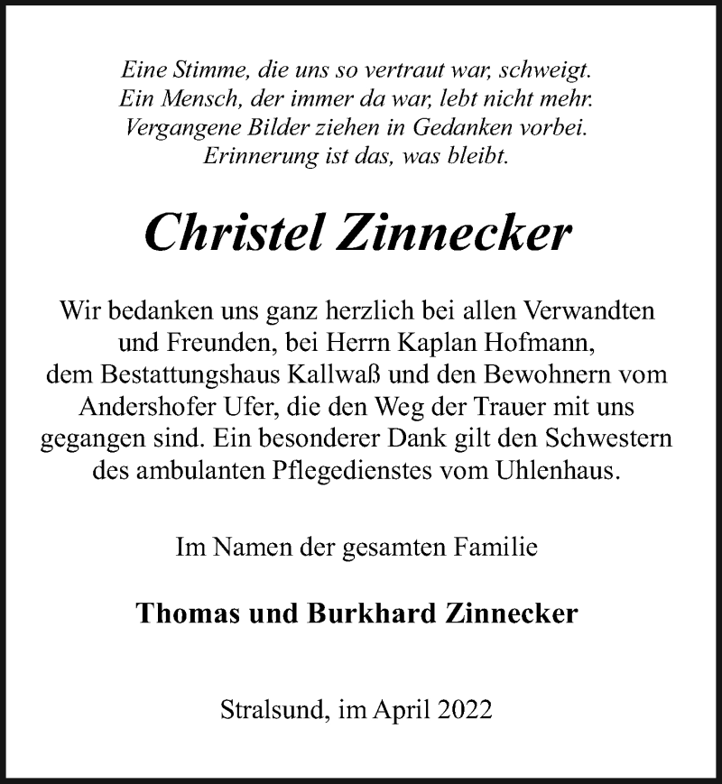 Traueranzeige für Christel Zinnecker vom 09.04.2022 aus Ostsee-Zeitung GmbH