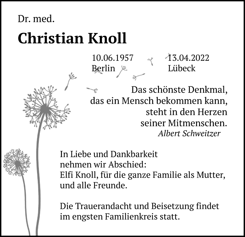  Traueranzeige für Christian Knoll vom 24.04.2022 aus Lübecker Nachrichten