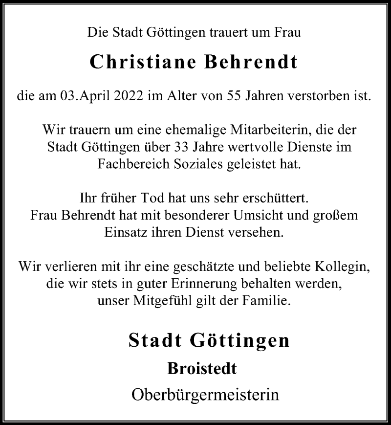  Traueranzeige für Christiane Behrendt vom 14.04.2022 aus Göttinger Tageblatt