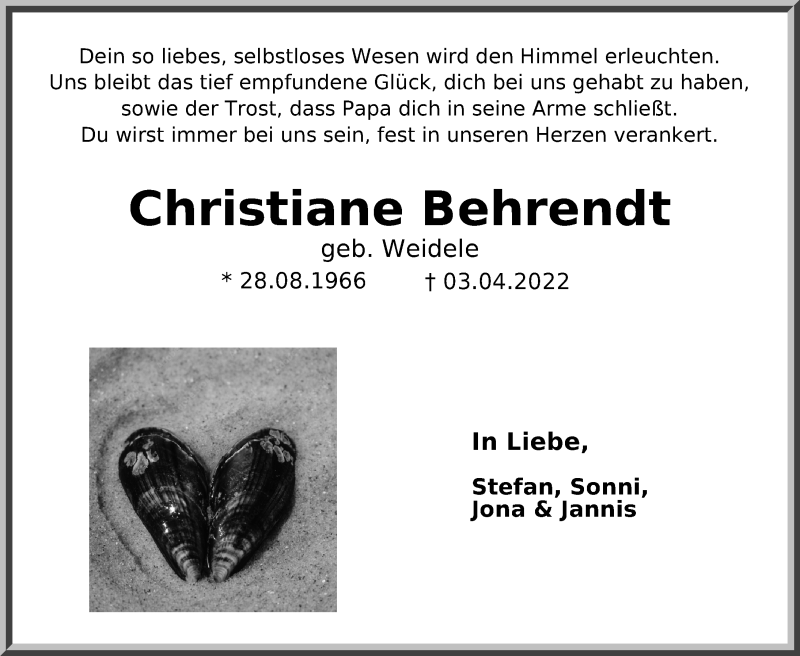  Traueranzeige für Christiane Behrendt vom 09.04.2022 aus Göttinger Tageblatt