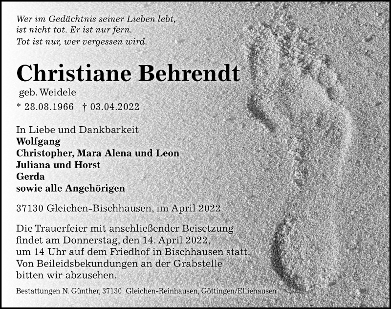  Traueranzeige für Christiane Behrendt vom 09.04.2022 aus Göttinger Tageblatt