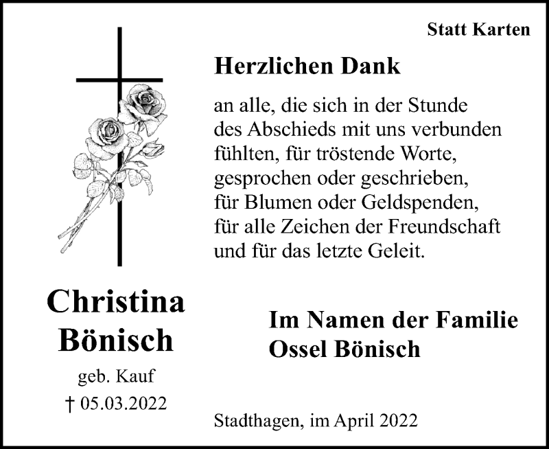  Traueranzeige für Christina Bönisch vom 02.04.2022 aus Schaumburger Nachrichten