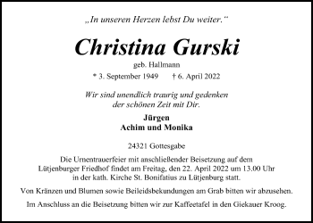 Traueranzeige von Christina Gurski von Kieler Nachrichten