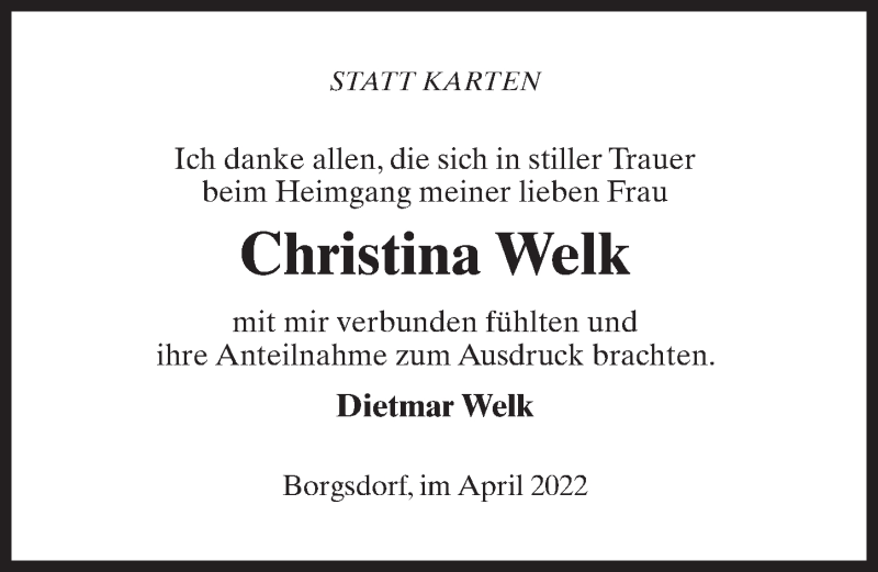 Traueranzeige für Christina Welk vom 16.04.2022 aus Märkischen Allgemeine Zeitung
