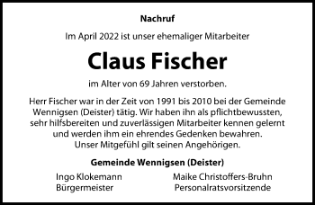 Traueranzeige von Claus Fischer von Hannoversche Allgemeine Zeitung/Neue Presse