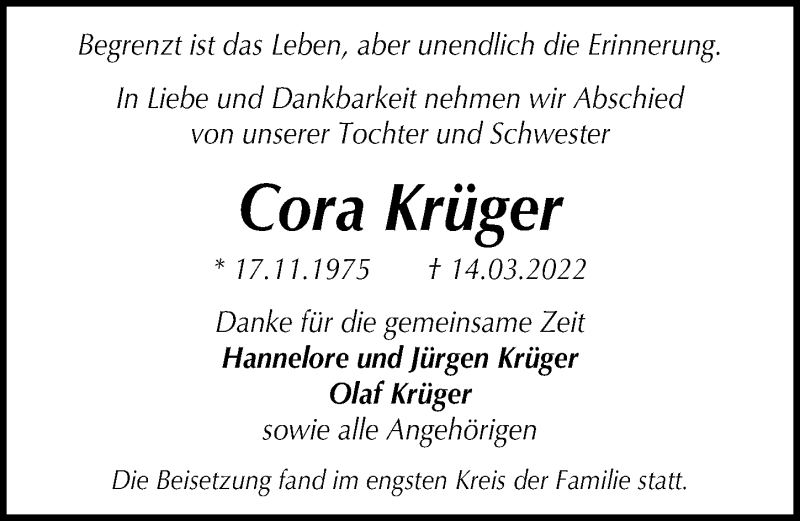  Traueranzeige für Cora Krüger vom 02.04.2022 aus Hannoversche Allgemeine Zeitung/Neue Presse