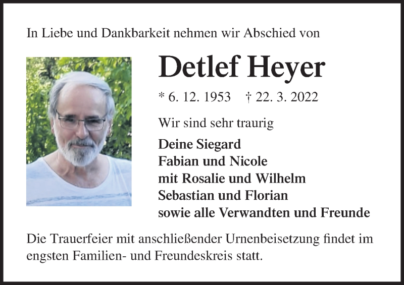  Traueranzeige für Detlef Heyer vom 02.04.2022 aus Ostsee-Zeitung GmbH