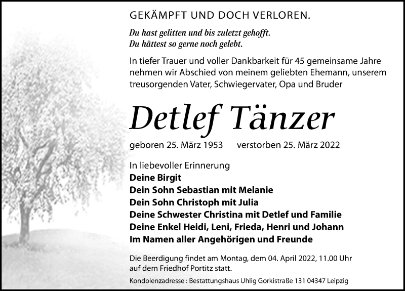  Traueranzeige für Detlef Tänzer vom 02.04.2022 aus Leipziger Volkszeitung