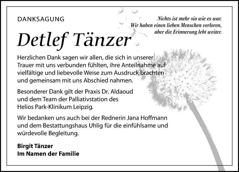  Traueranzeige für Detlef Tänzer vom 09.04.2022 aus Leipziger Volkszeitung