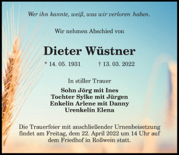 Traueranzeige von Dieter Wüstner von Leipziger Volkszeitung