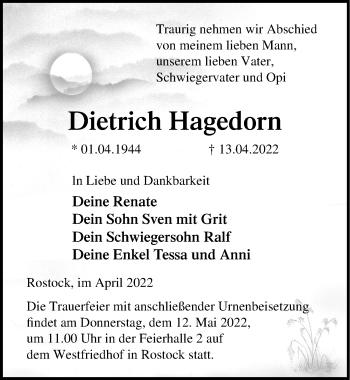 Traueranzeige von Dietrich Hagedorn von Ostsee-Zeitung GmbH