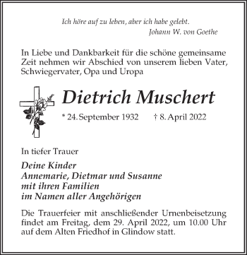 Traueranzeige von Dietrich Muschert von Märkischen Allgemeine Zeitung