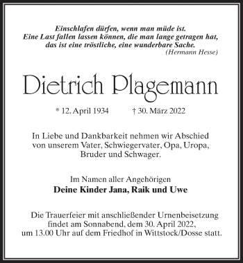 Traueranzeige von Dietrich Plagemann von Märkischen Allgemeine Zeitung