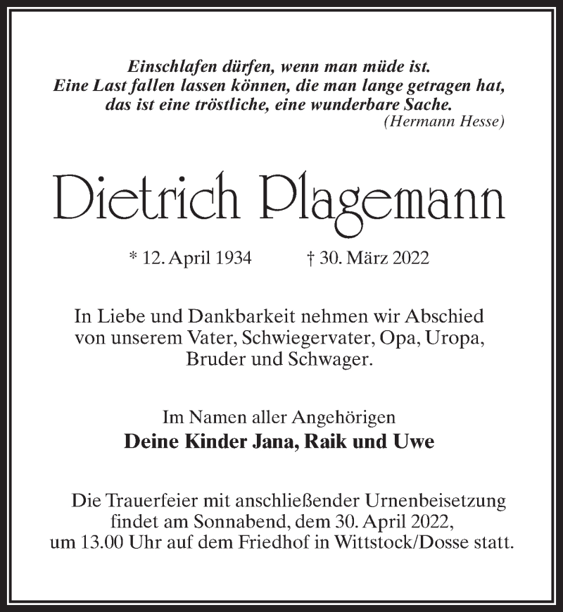  Traueranzeige für Dietrich Plagemann vom 09.04.2022 aus Märkischen Allgemeine Zeitung