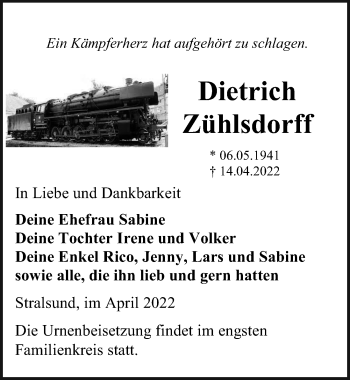 Traueranzeige von Dietrich Zühlsdorff von Ostsee-Zeitung GmbH