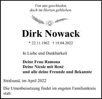 Traueranzeige von Dirk Nowack von Ostsee-Zeitung GmbH