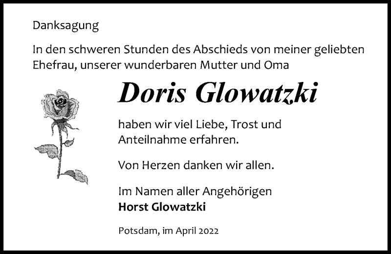  Traueranzeige für Doris Glowatzki vom 23.04.2022 aus Märkischen Allgemeine Zeitung