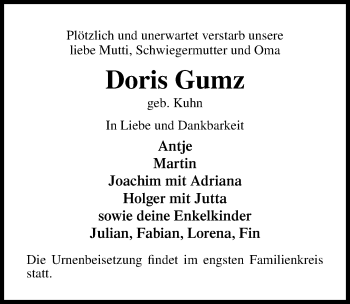 Traueranzeige von Doris Gumz von Lübecker Nachrichten