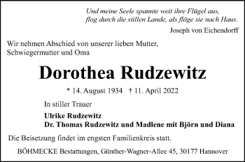 Traueranzeige von Dorothea Rudzewitz von Hannoversche Allgemeine Zeitung/Neue Presse