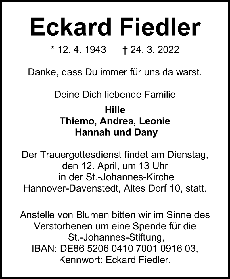  Traueranzeige für Eckard Fiedler vom 02.04.2022 aus Hannoversche Allgemeine Zeitung/Neue Presse