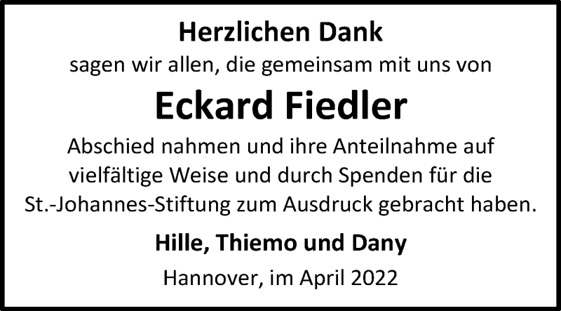  Traueranzeige für Eckard Fiedler vom 30.04.2022 aus Hannoversche Allgemeine Zeitung/Neue Presse