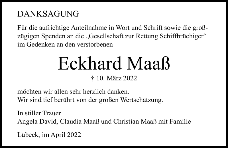  Traueranzeige für Eckhard Maaß vom 17.04.2022 aus Lübecker Nachrichten