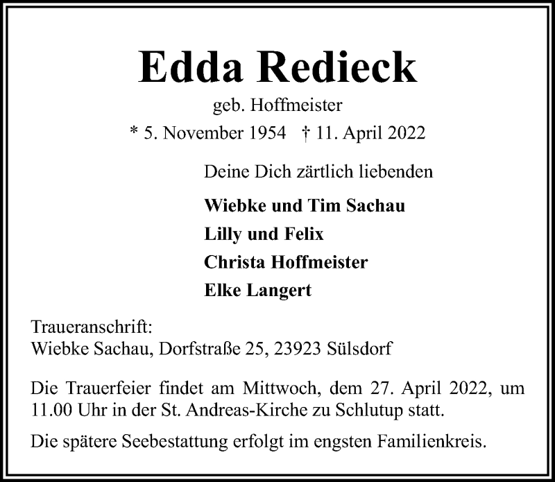  Traueranzeige für Edda Redieck vom 17.04.2022 aus Lübecker Nachrichten