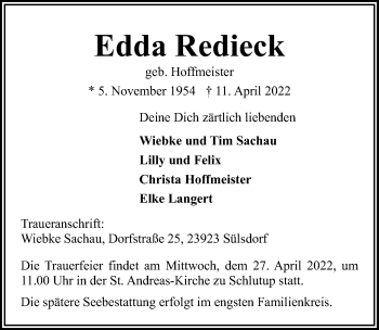 Traueranzeige von Edda Redieck von Lübecker Nachrichten