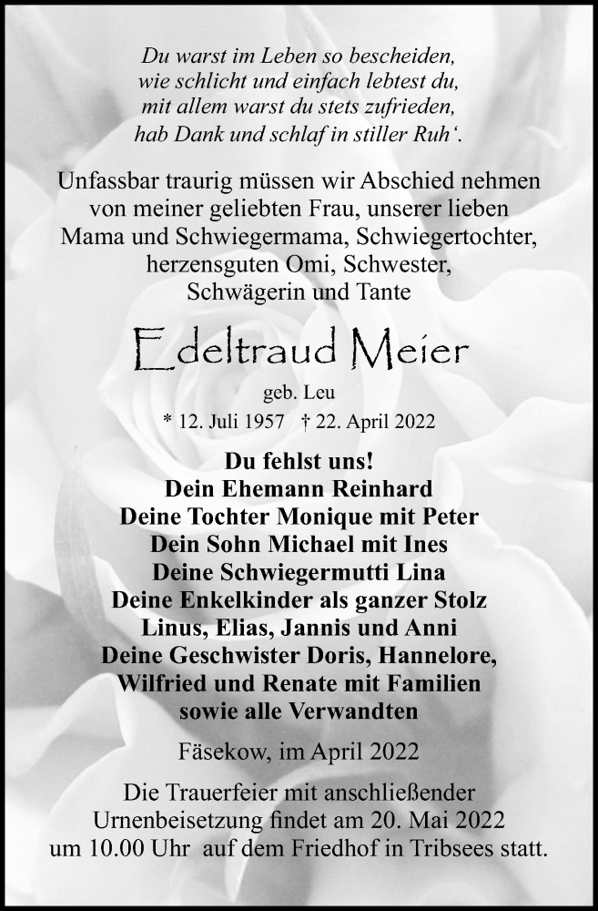  Traueranzeige für Edeltraud Meier vom 30.04.2022 aus Ostsee-Zeitung GmbH