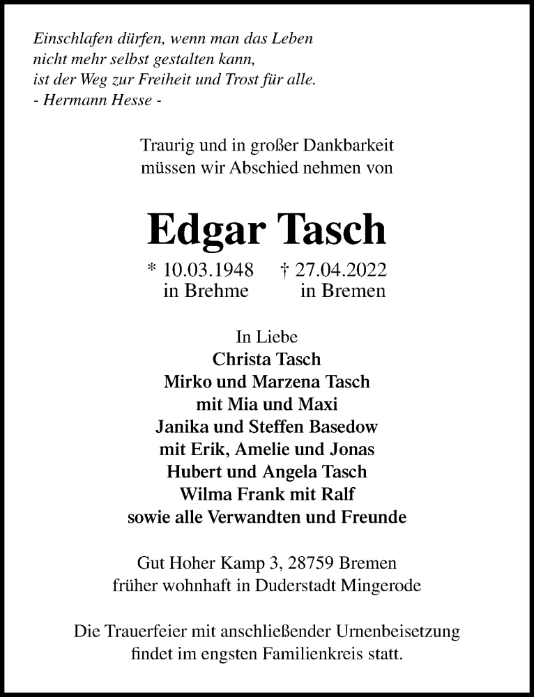  Traueranzeige für Edgar Tasch vom 30.04.2022 aus Göttinger Tageblatt