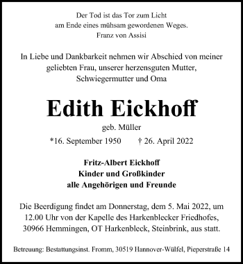 Traueranzeige von Edith Eickhoff von Hannoversche Allgemeine Zeitung/Neue Presse