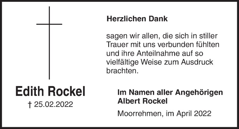  Traueranzeige für Edith Rockel vom 16.04.2022 aus Kieler Nachrichten