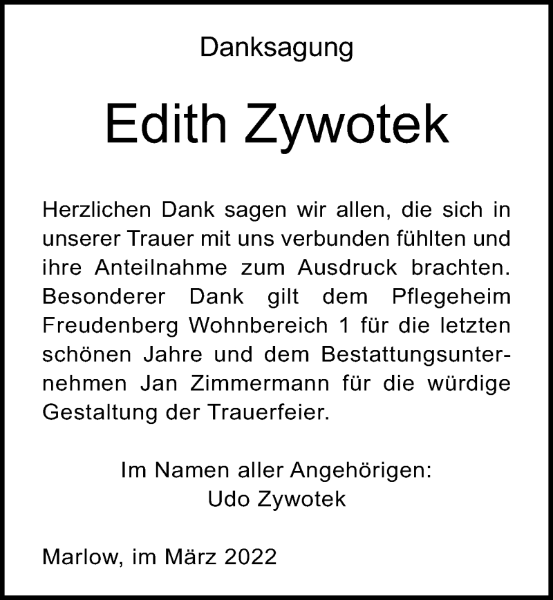  Traueranzeige für Edith Zywotek vom 02.04.2022 aus Ostsee-Zeitung GmbH